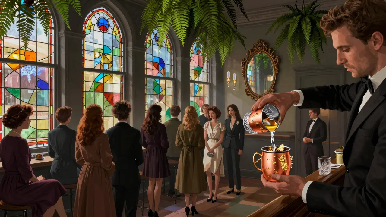 An intimate art-filled lounge where guests wear vintage coats and asymmetric skirts, sipping cocktails with gold leaf under stained glass light.