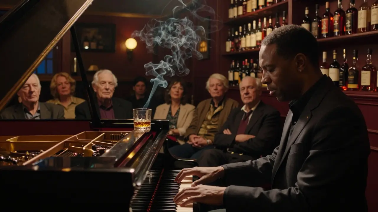 An intimate jazz club in Galata with a pianist playing as patrons sit silently in dim, warm light.