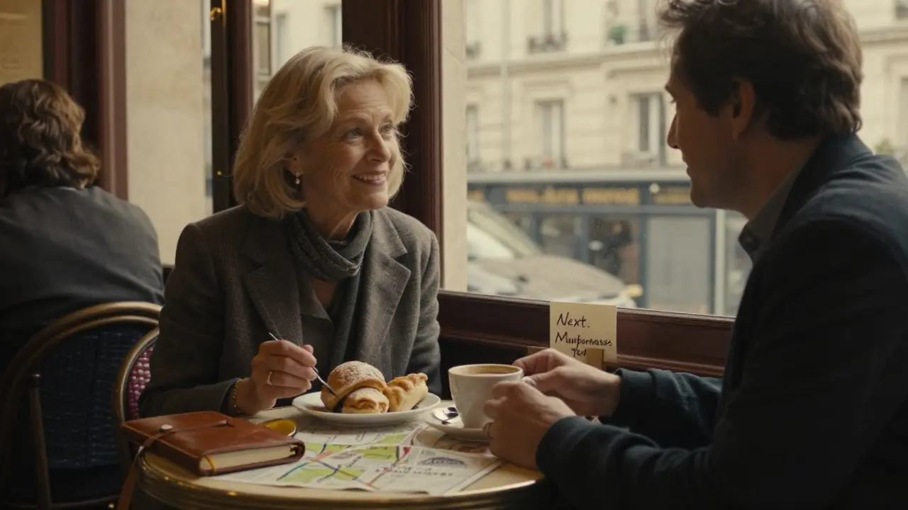 An older woman sharing coffee and pastries with a male companion at a sunlit Parisian bistro, surrounded by travel notes.