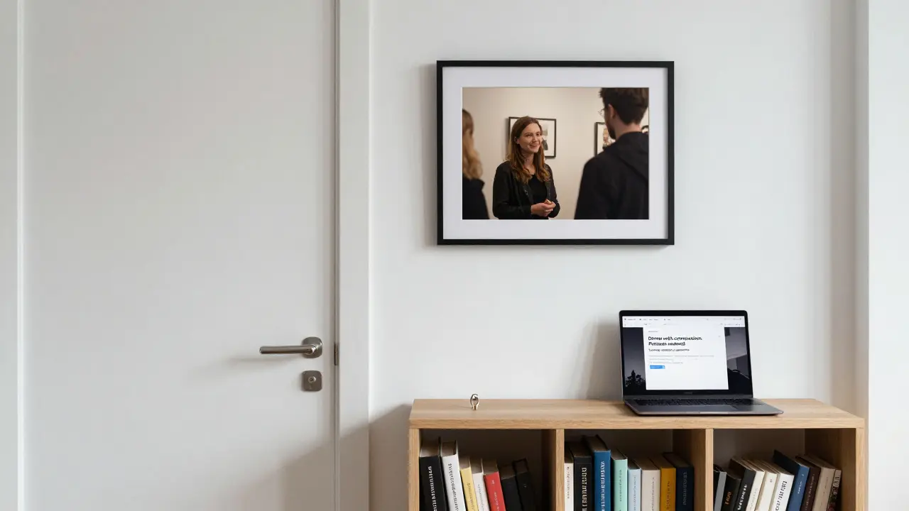 An unmarked Berlin door with a key and bookshelf, hinting at private, respectful companionship.