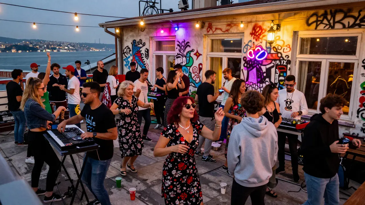 Chaotic rooftop dance party at Tabu with diverse dancers and vibrant graffiti walls.