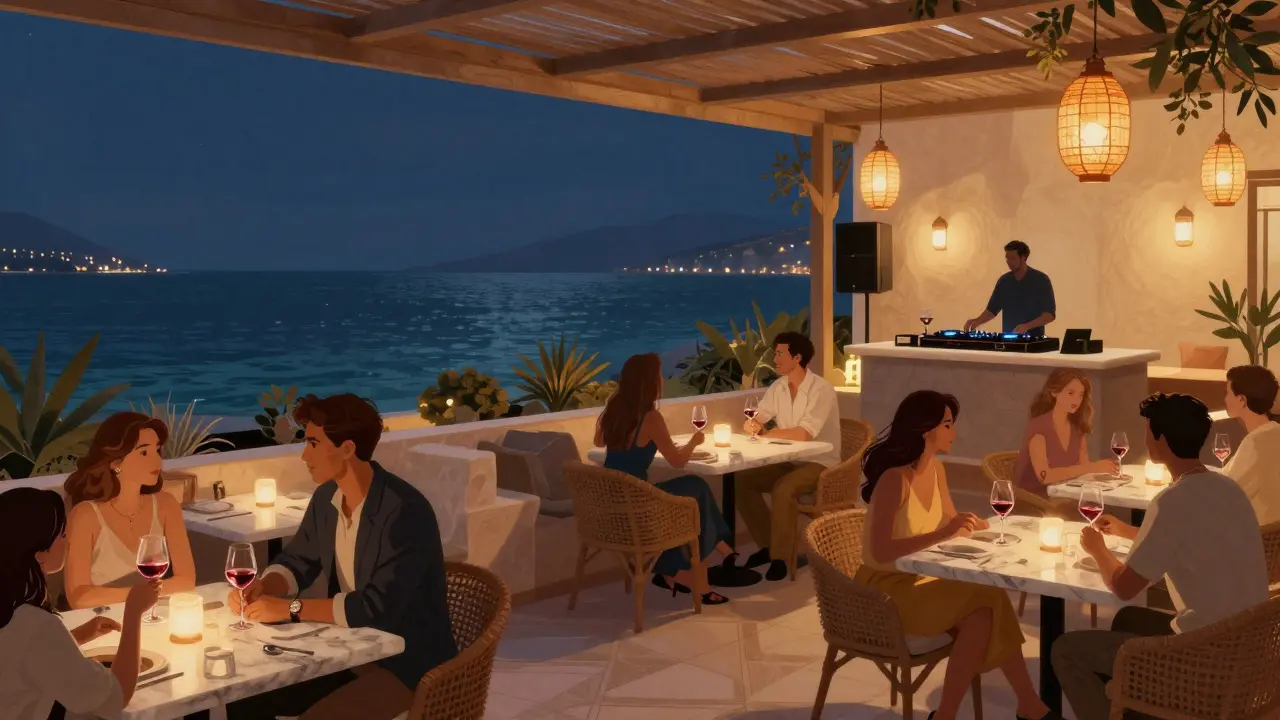 Couples and friends relaxing at a rooftop bar with panoramic Gulf views, sipping wine under soft lantern lights.