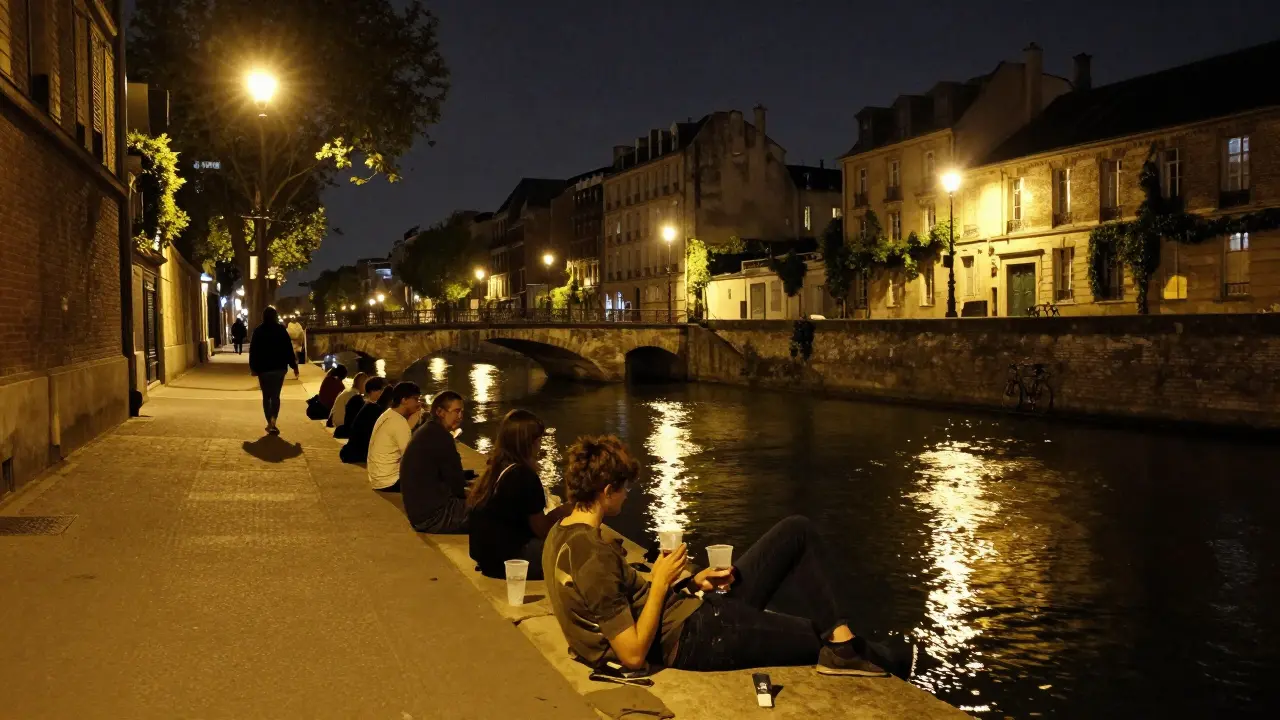 Couples lounging by the Canal Saint-Martin at night, reflections shimmering in the water.