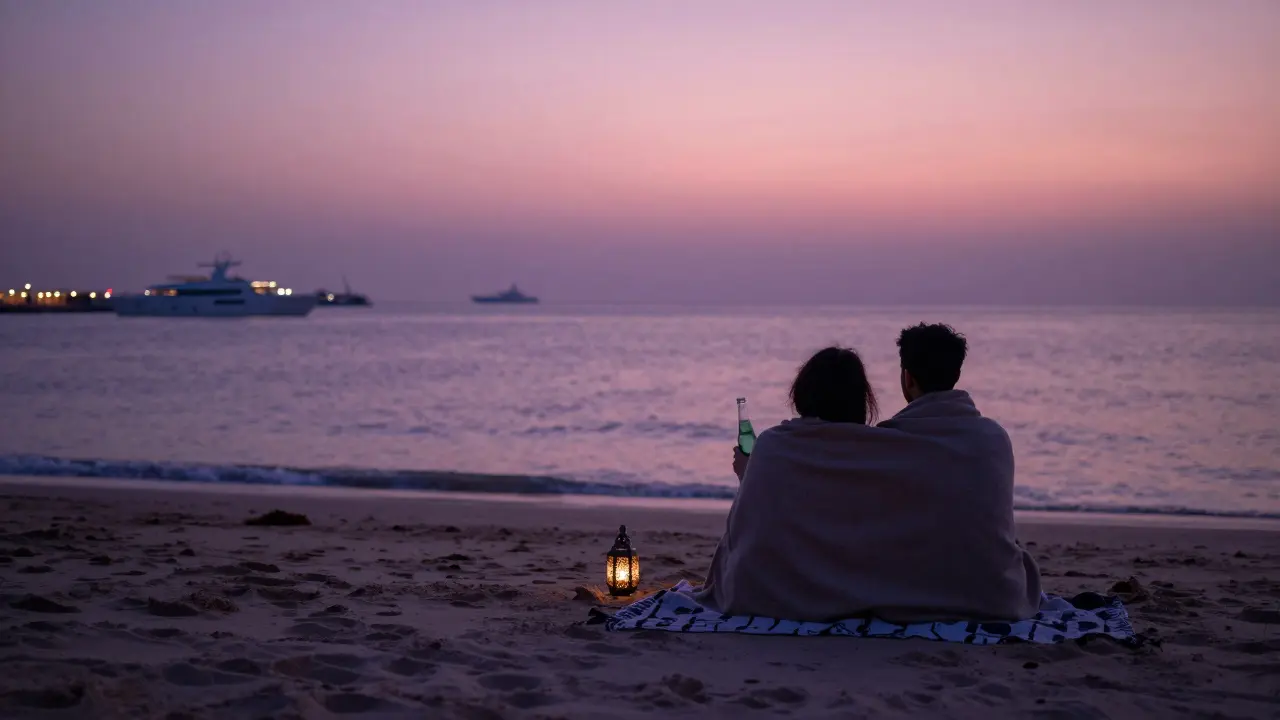 Couples watching sunset at Al Sufouh Beach, quiet and serene, with distant city lights.