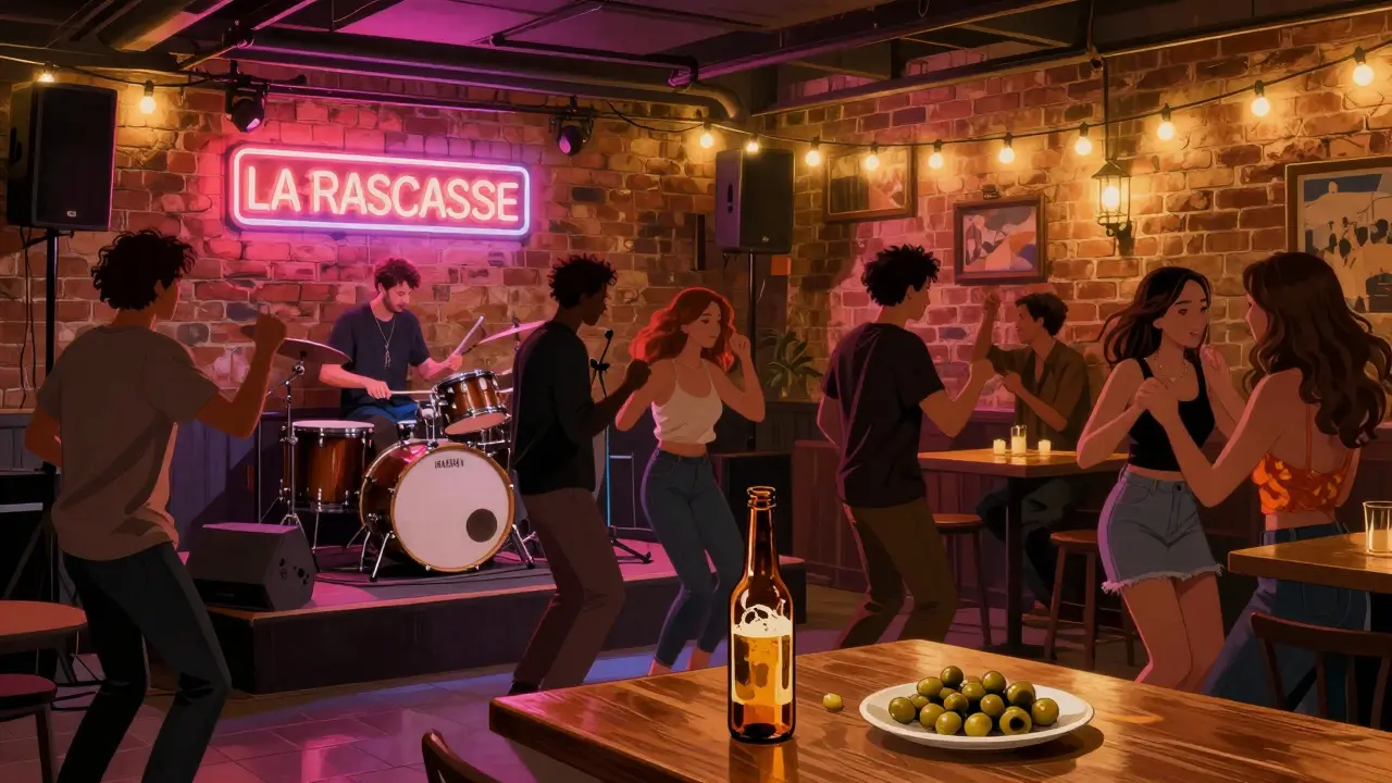 Cozy basement club with live band and locals dancing freely under string lights.