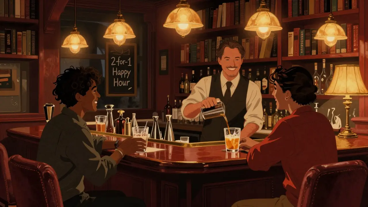 Cozy dimly lit lounge with bartender serving cocktails and patrons laughing at tables