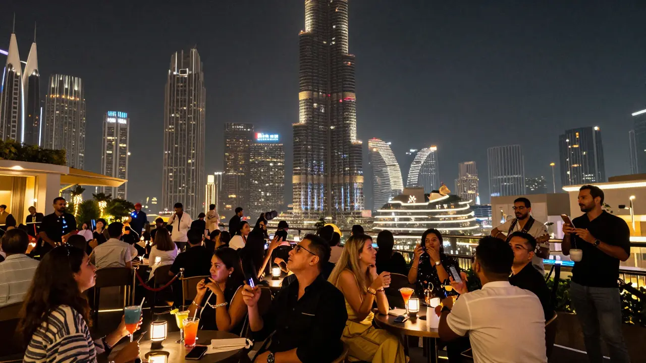 Crowd at The View at the Top watching the Burj Khalifa light up at night, people sipping drinks and gazing upward.