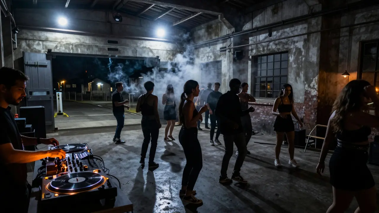 Dancers moving to deep house music inside La Ferrovia, an industrial nightclub with concrete walls and bright spotlights.