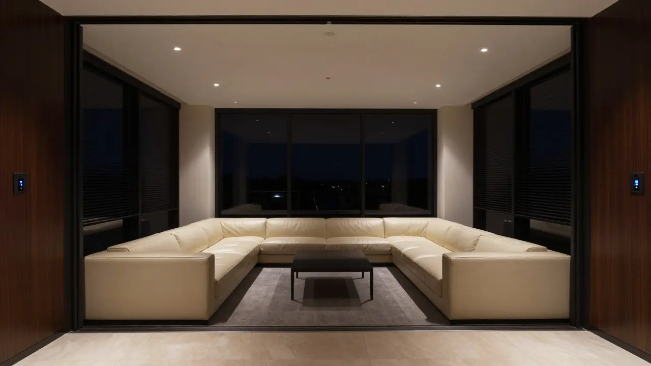 Dark luxury suite interior featuring closed motorized blinds and soft lighting.