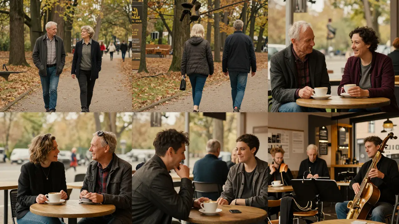 Diverse individuals enjoying non-sexual companionship in Berlin—walking, laughing, and attending a concert.