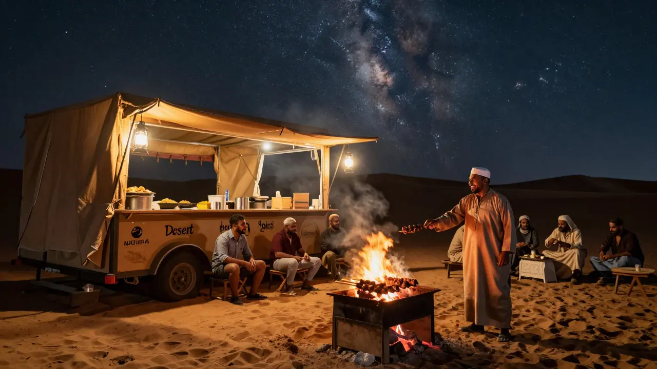 Food truck serving grilled lamb skewers under a star-filled desert sky, customers eating on low stools beside smoky flames.