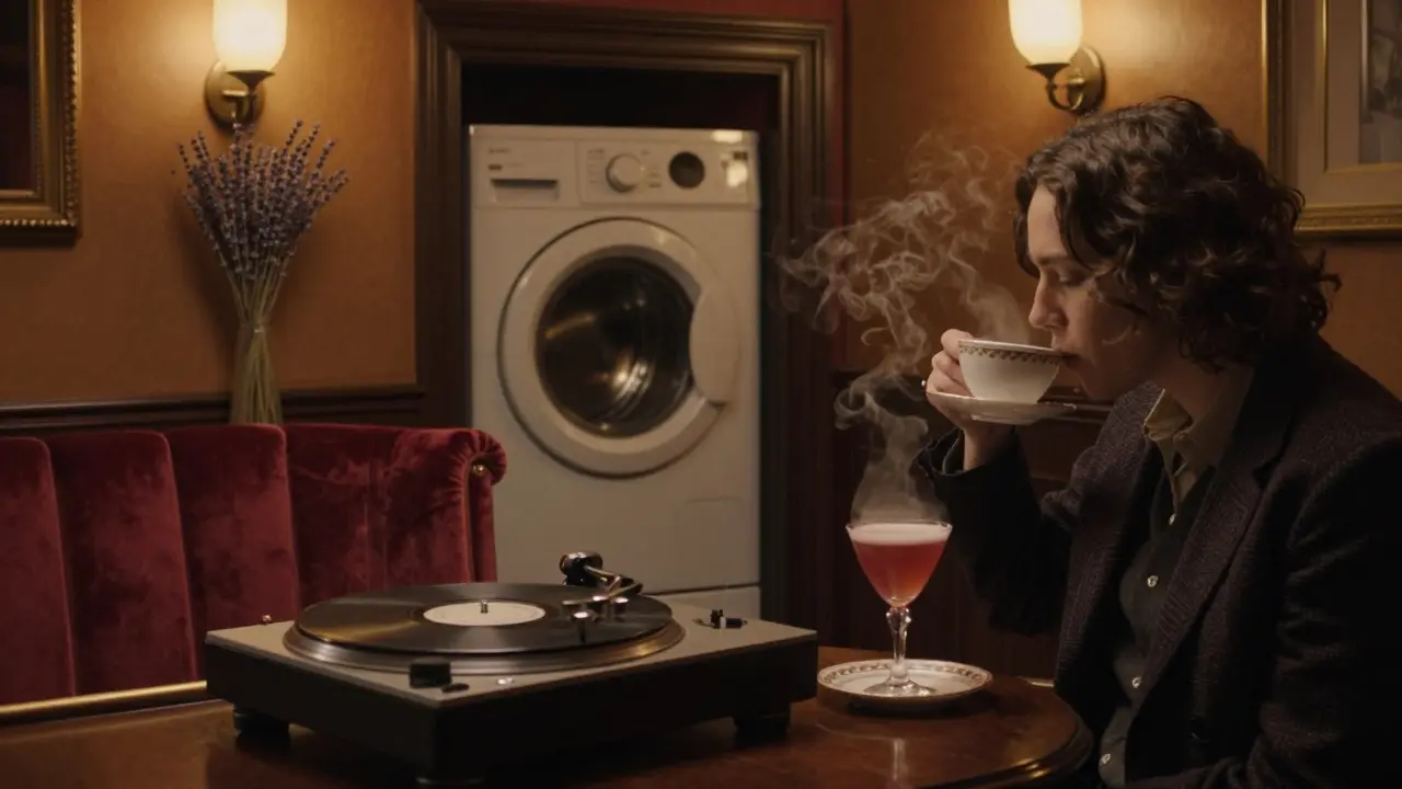 Hidden 1920s-style speakeasy with velvet booths, jazz records spinning, soft amber lighting and a lone drinker.