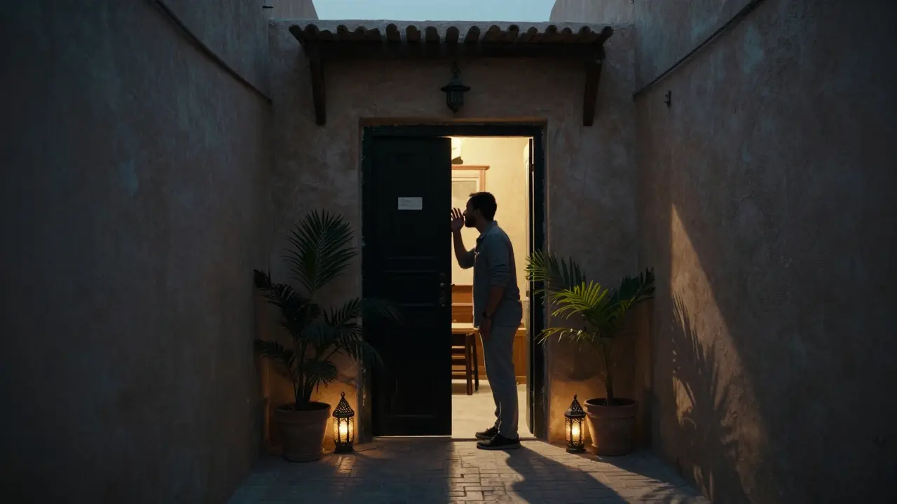 Hidden entrance to a secret lounge at twilight with a man speaking to a host at the door