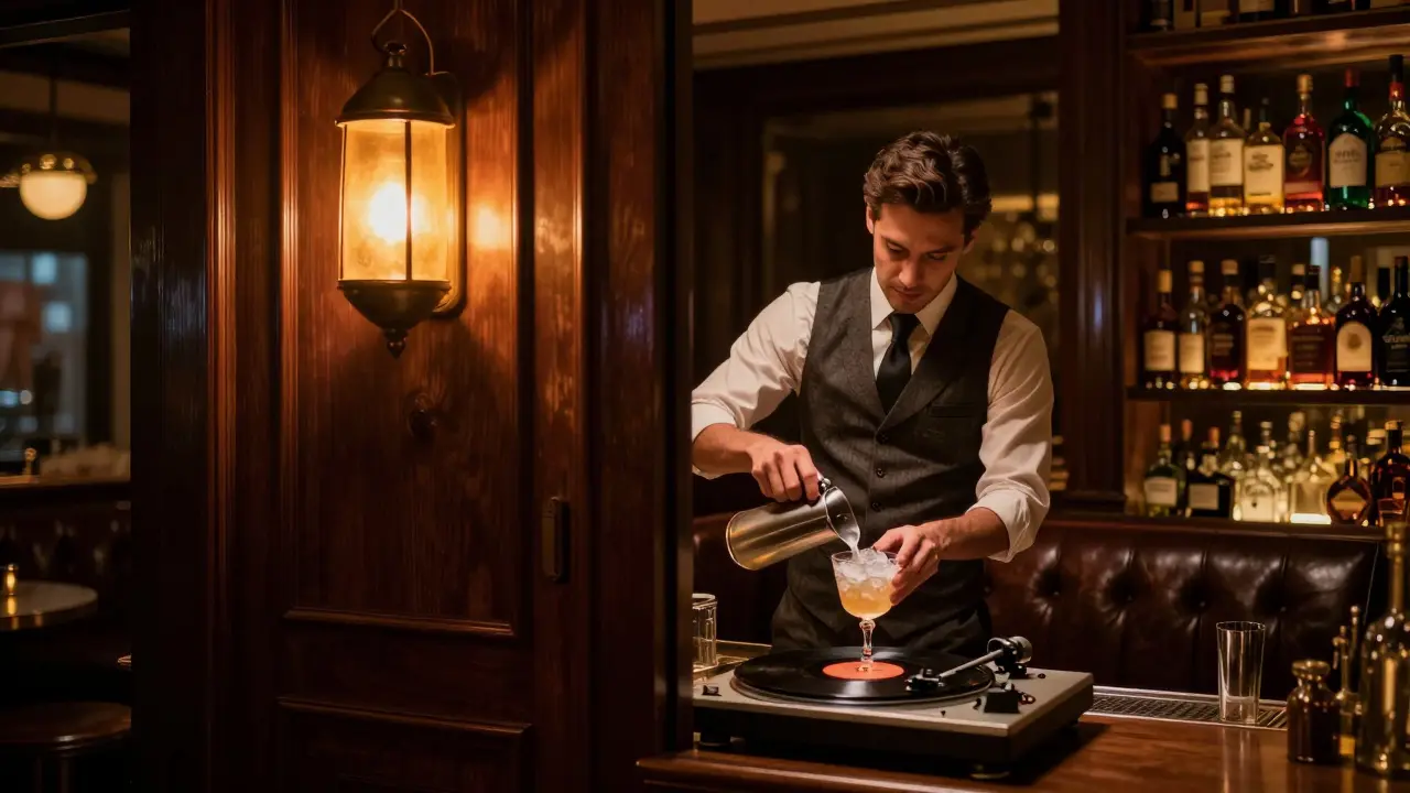 Hidden speakeasy bar with bartender crafting cocktail by lantern light.