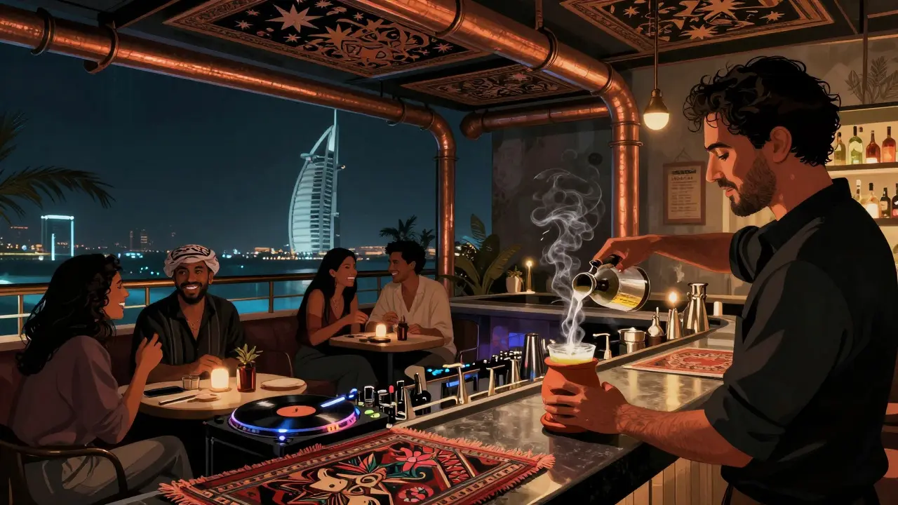 Industrial-chic rooftop bar with Middle Eastern decor, bartender serving a smoky cocktail under star-patterned ceilings.