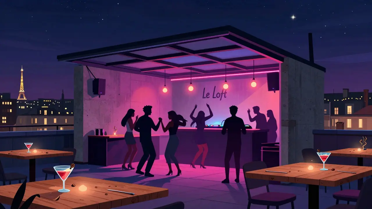 Industrial-chic rooftop party under the stars, crowd dancing as neon lights pulse and the city sparkles in the background.