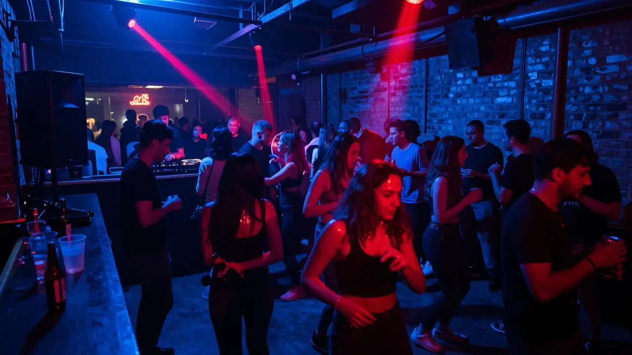 Industrial nightclub with energetic crowd dancing under pulsing colored lights and loud speakers.