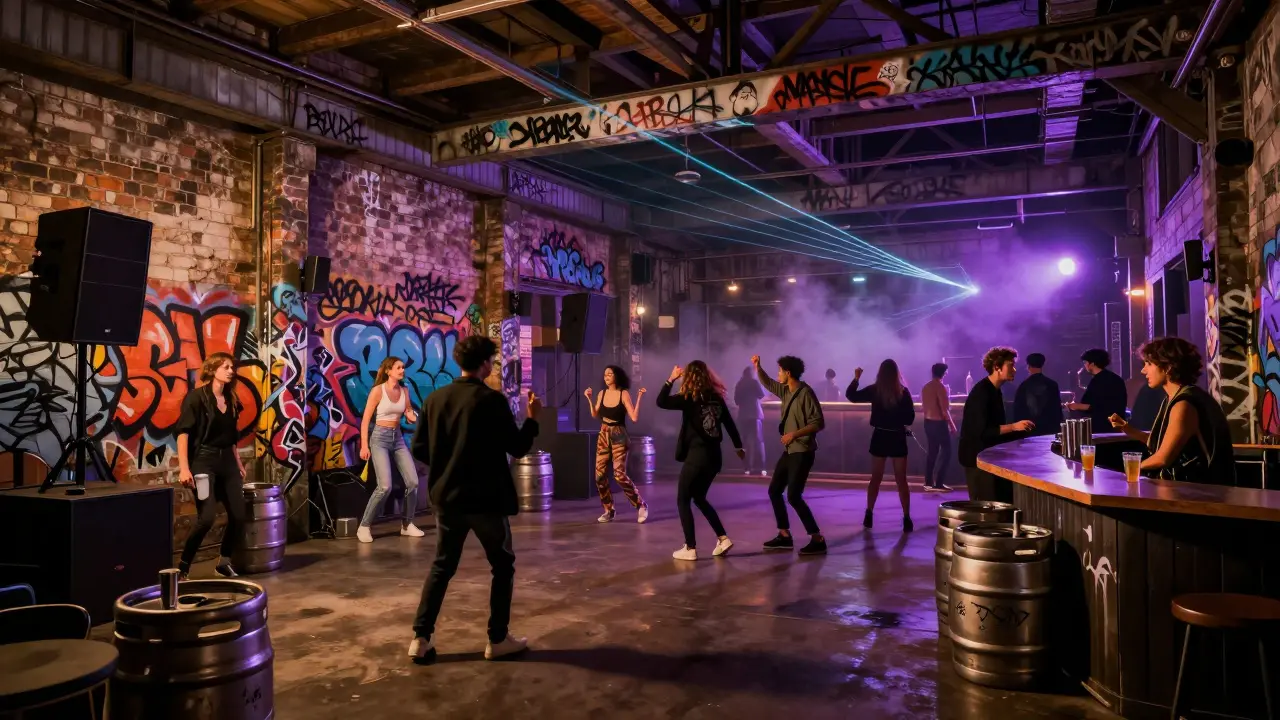 Industrial warehouse club interior in Shoreditch with dancers