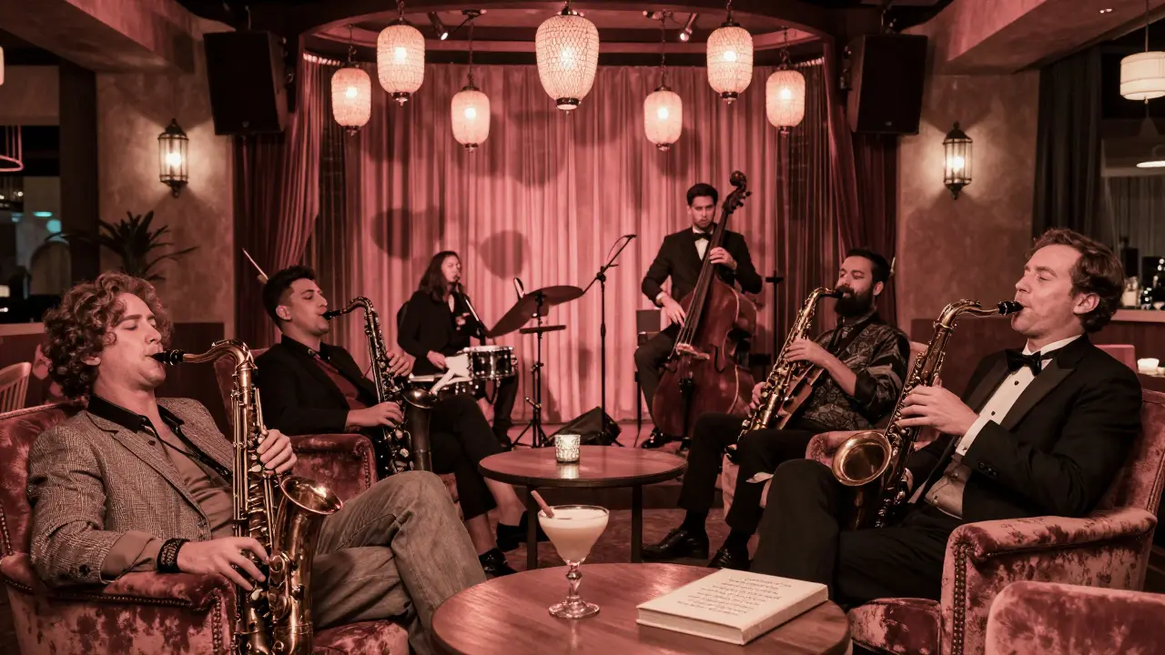 Jazz trio performing in a dimly lit 1920s lounge with patrons relaxing.