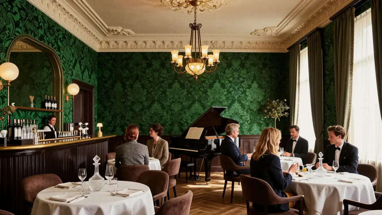 Luxurious hotel bar interior with green damask wallpaper and a grand piano
