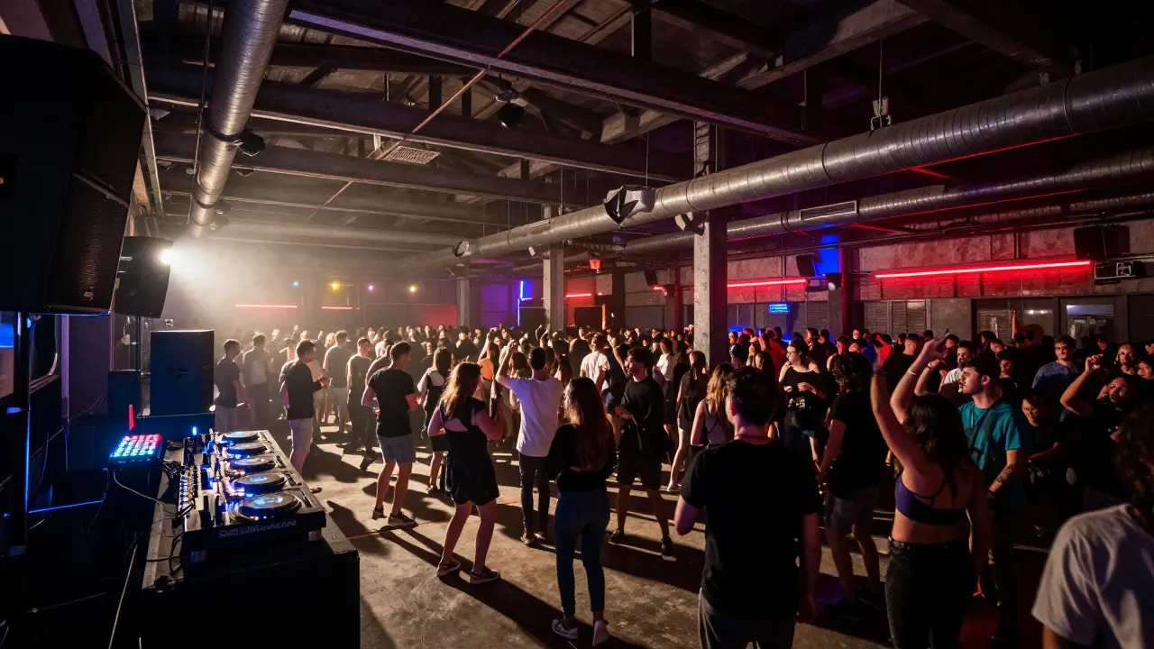 Massive industrial club Printworks filled with dancers under flickering neon lights, exposed pipes and concrete walls.