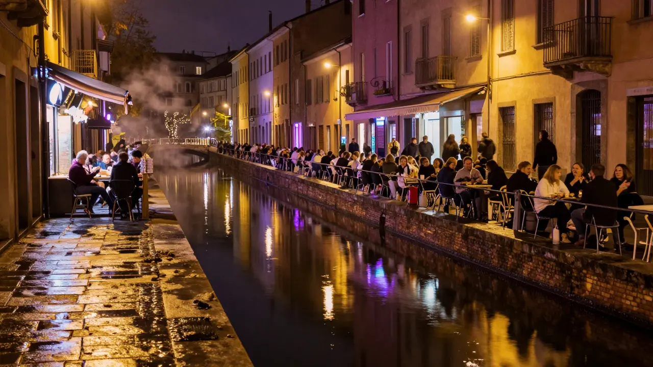 Navigli canals reflecting neon bar lights at night with crowds.
