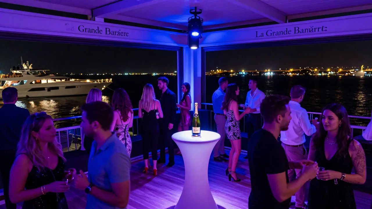 Nightclub scene at La Grande Barrière with yachts visible in background.