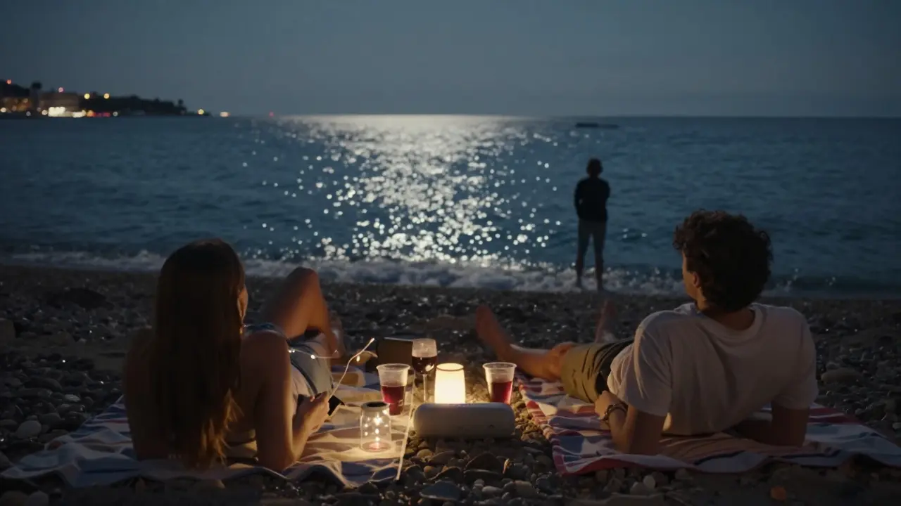 Peaceful beach at night with lanterns, blankets, and quiet waves under starry skies.