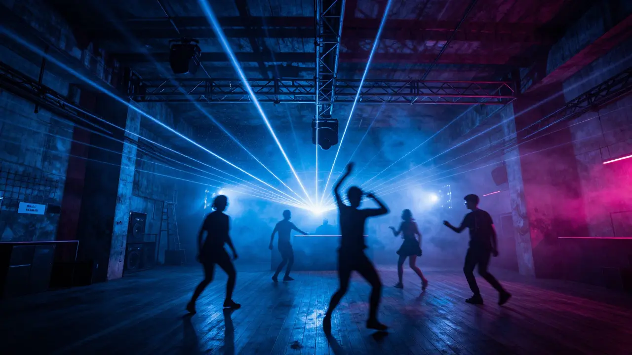 People dancing inside a dark warehouse club with laser lights.