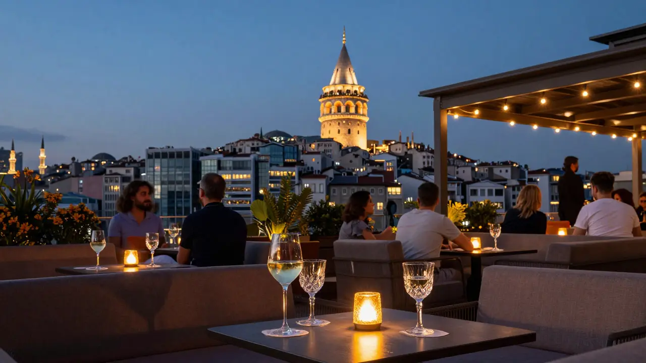 People relaxing at a rooftop lounge overlooking the Galata Tower.