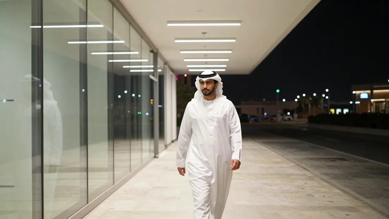 Person walking safely through a well-lit public venue.