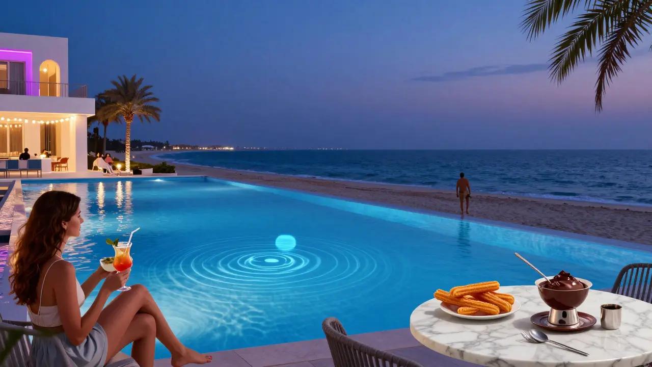 Puro Beach Dubai's infinity pool at dusk with guests sharing cocktails under string lights.
