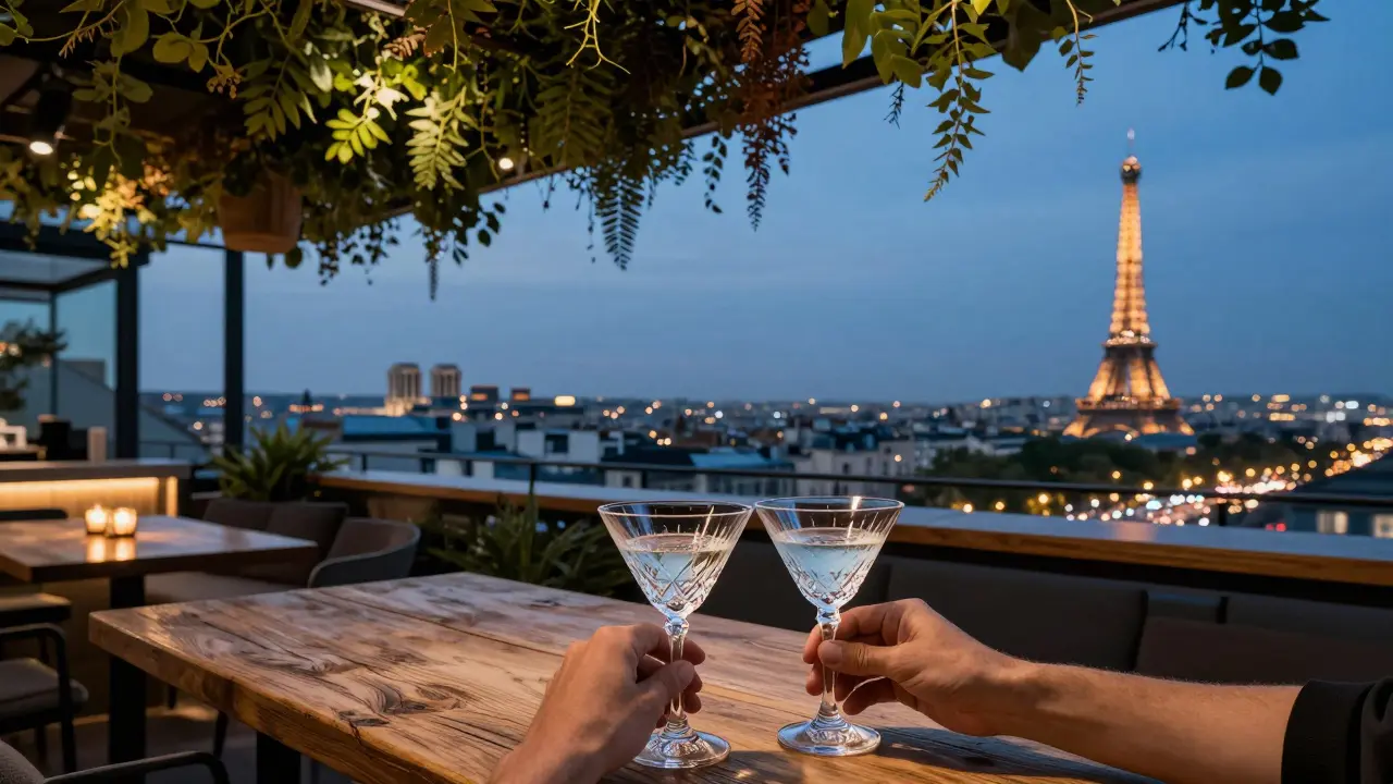 Rooftop bar at night overlooking the illuminated Paris skyline and Eiffel Tower