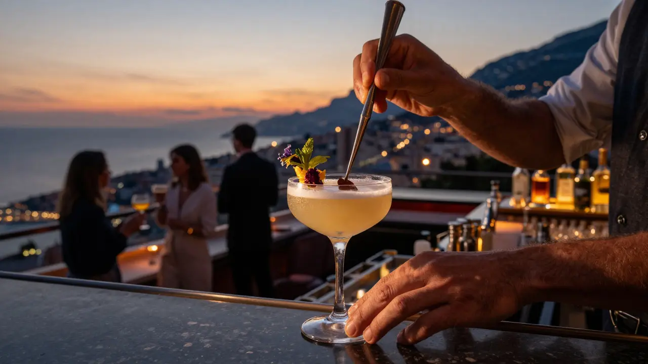Rooftop bar cocktail view with Monaco skyline at twilight.