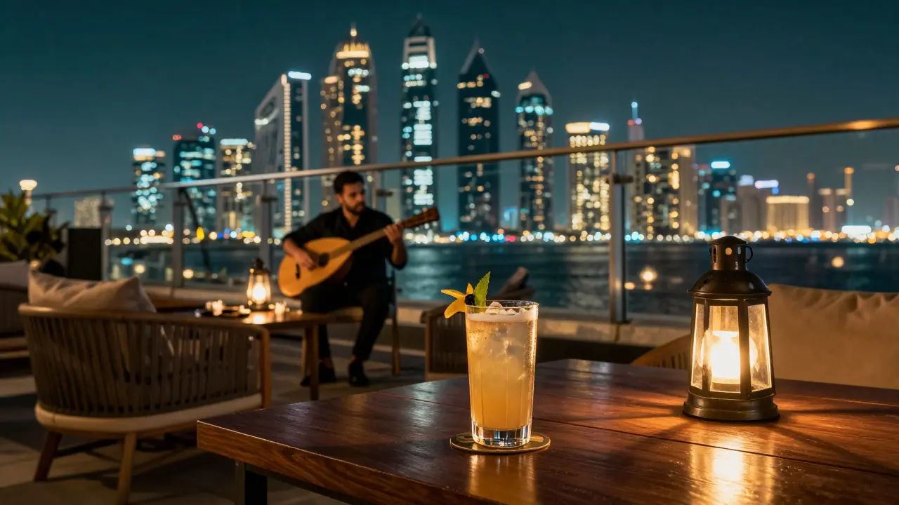 Rooftop bar in Abu Dhabi with skyline view and musician