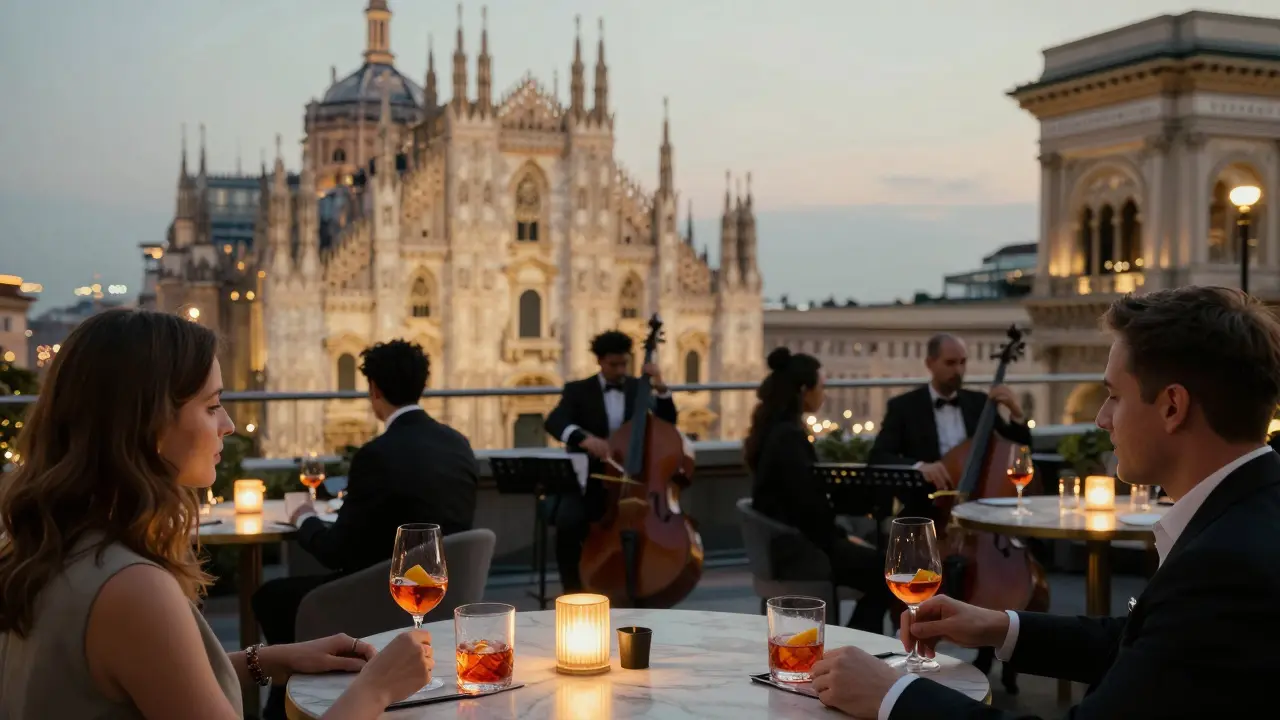 Rooftop bar with stunning views of Milan's Duomo, guests sipping cocktails in elegant ambiance.