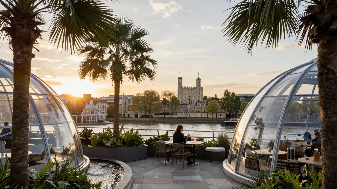 Serene glass-domed garden high above the Thames with a lone visitor at golden hour.