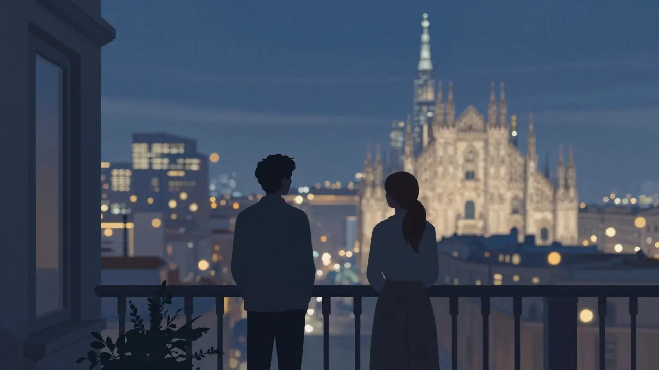 Silhouettes of two people overlooking city lights at night.