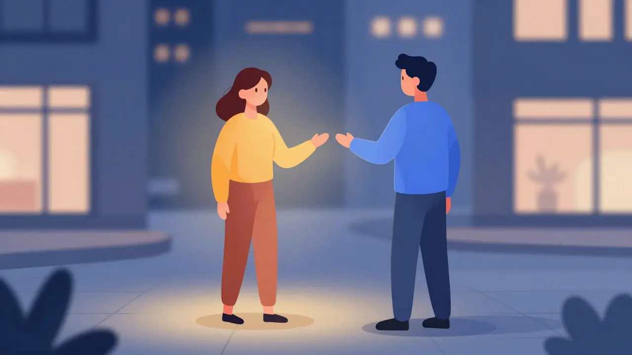 Stylized figures showing personality compatibility in a city.