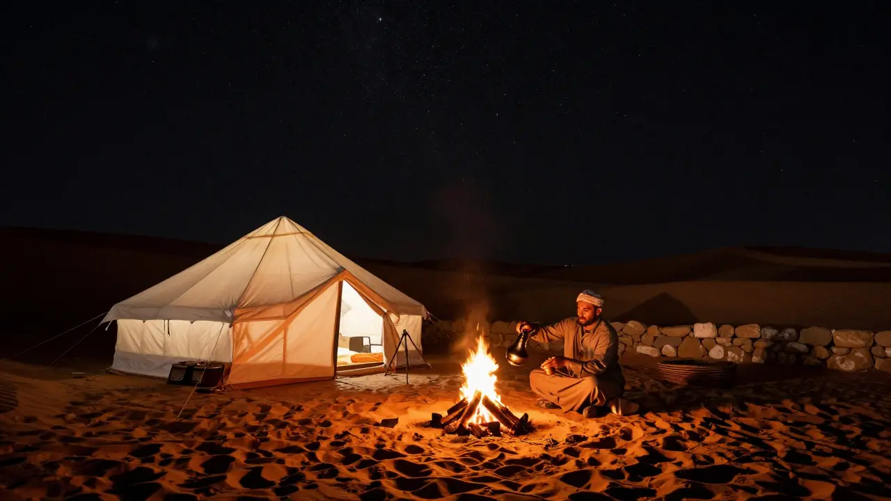 Traditional desert camp at night with fire and stars