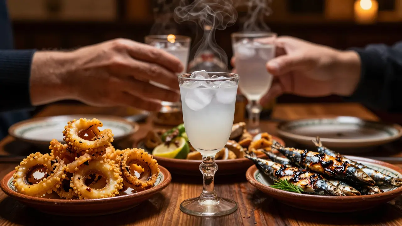 Turkish Raki glass and meze seafood dishes on a wooden table.