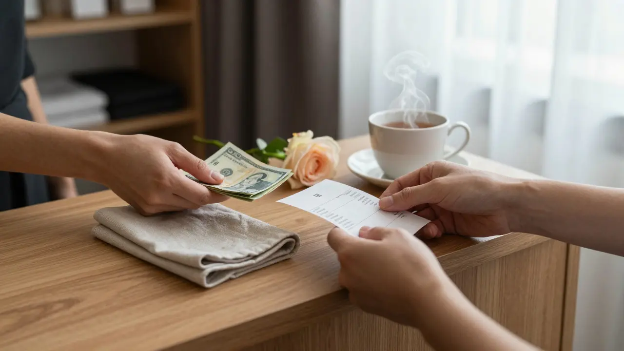 Two hands exchanging cash and a receipt beside a rose and tea in a boutique hotel room.