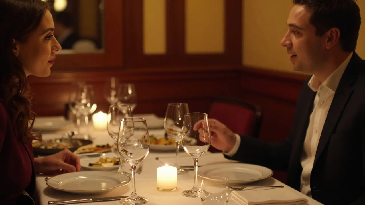 Two people having dinner at an upscale restaurant with wine glasses.