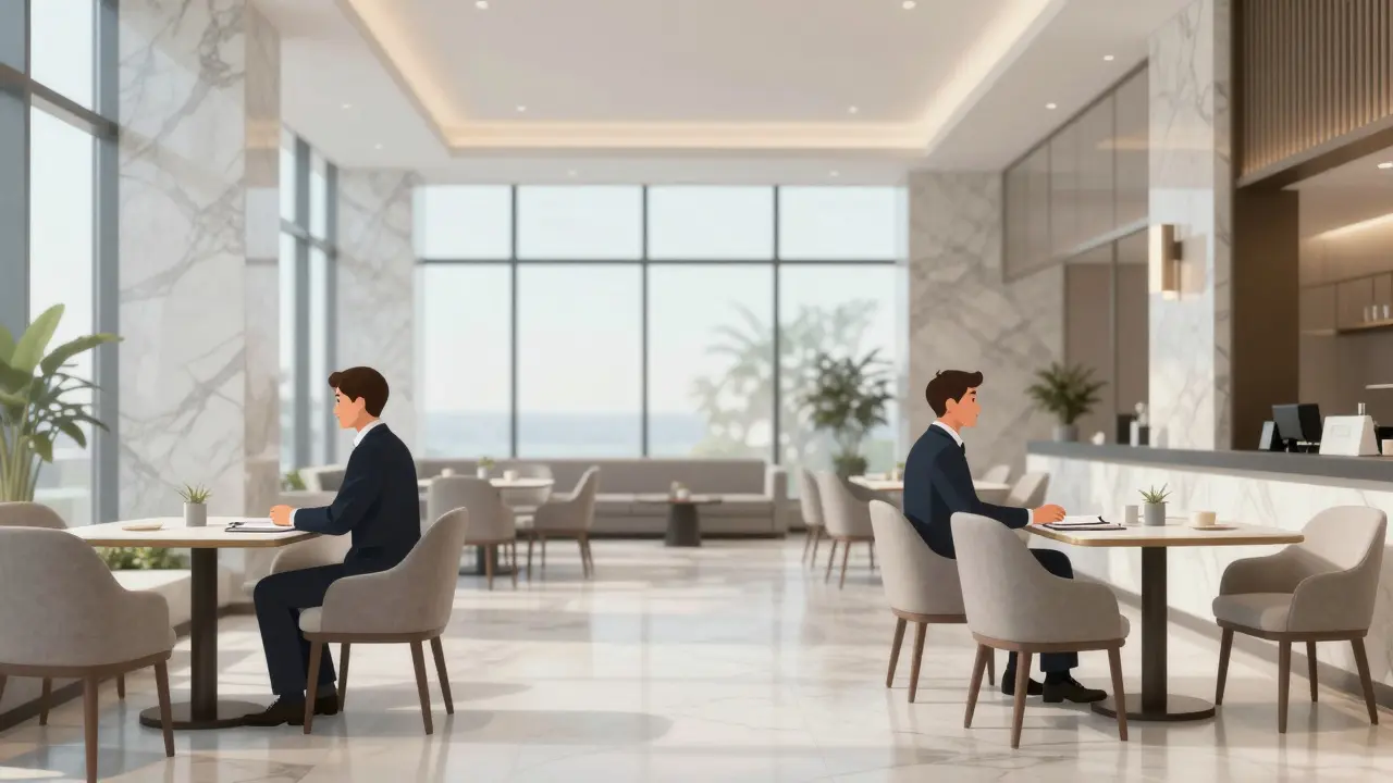 Two people meeting separately at upscale hotel lobby tables for professional discretion