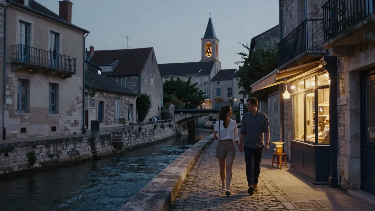 Two people walk hand-in-hand along the quiet cobblestones of Île Saint-Louis at twilight.