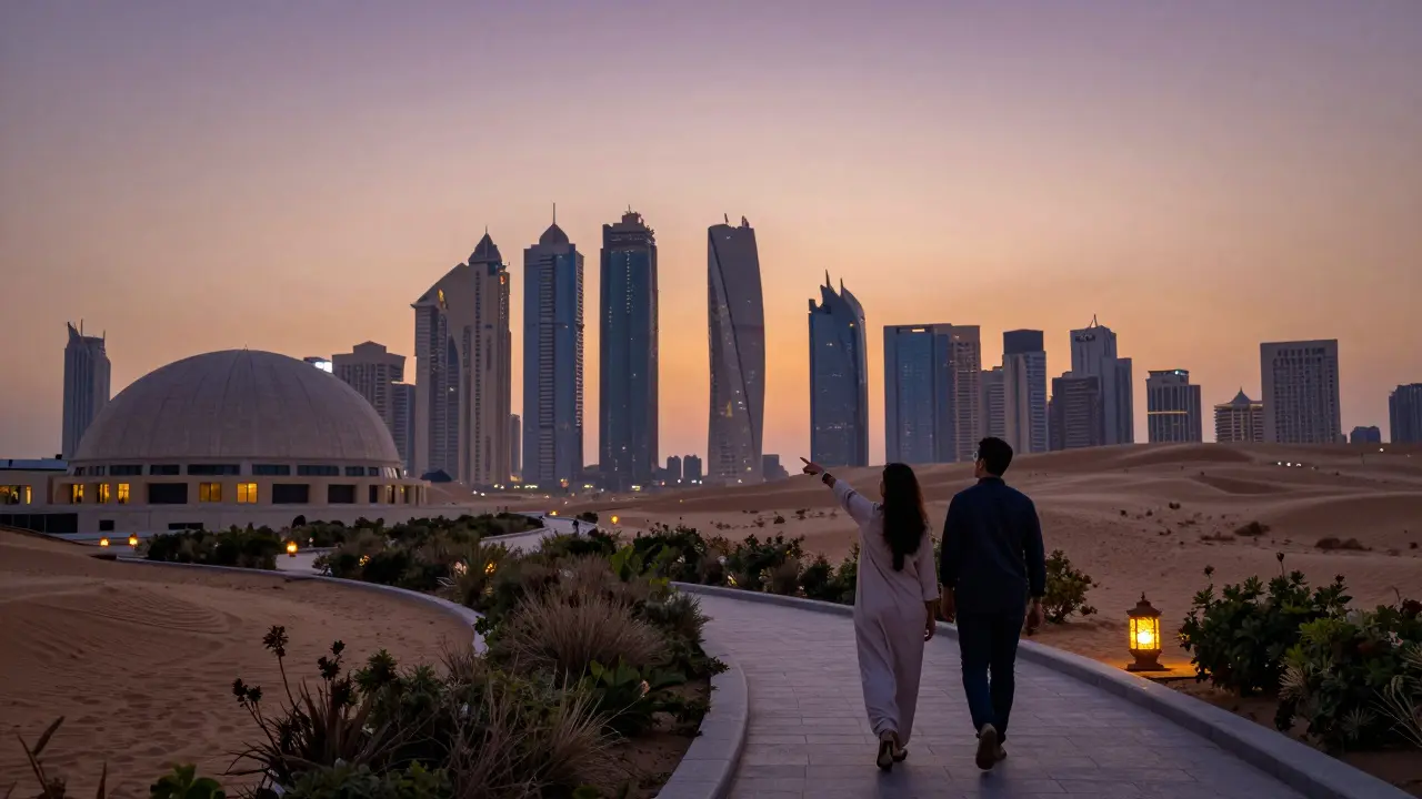 Two people walking on a rooftop garden in Abu Dhabi, overlooking the city skyline and desert at sunset.