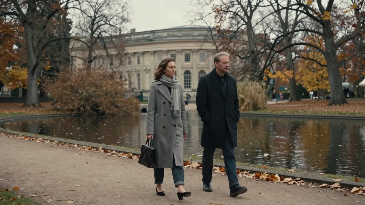 Two people walking peacefully through Tiergarten park, autumn leaves falling around them.