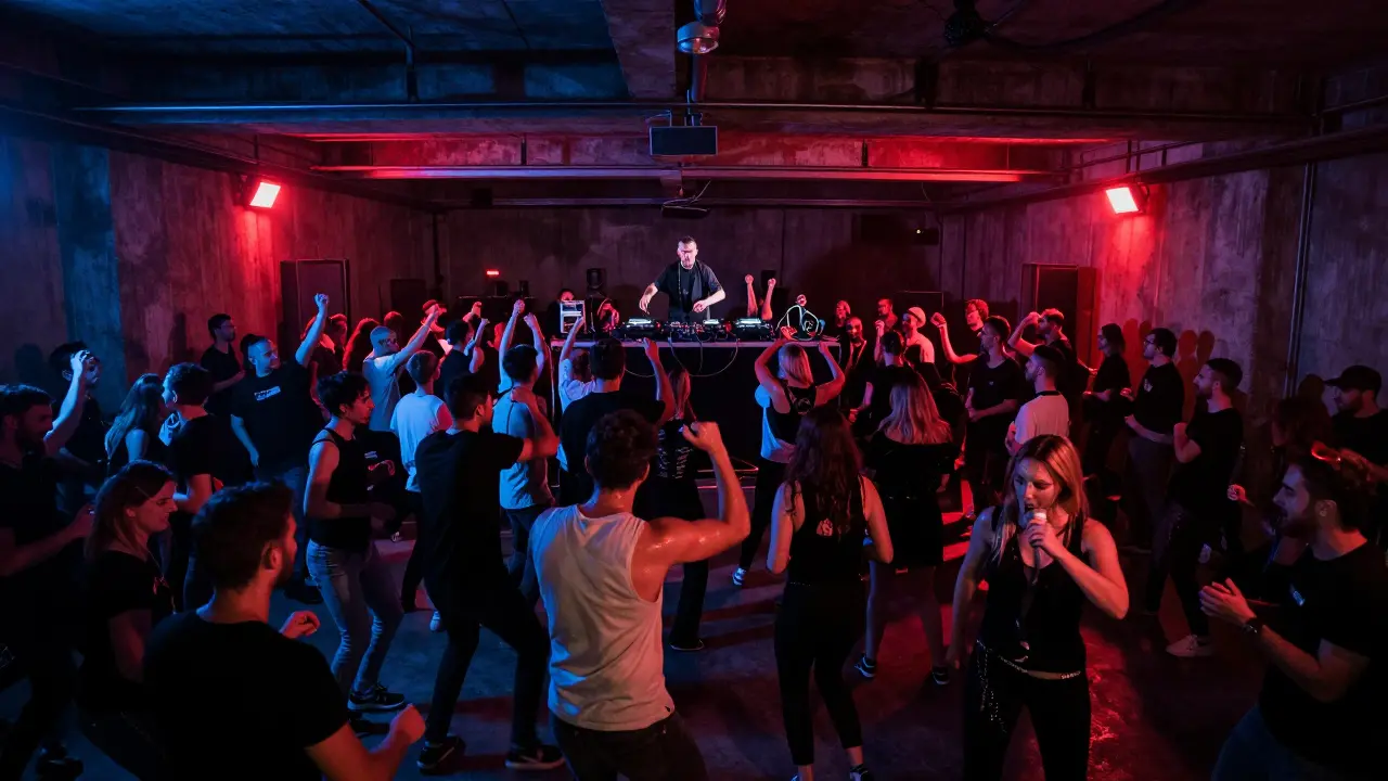 Underground techno party at Bellevue Istanbul with industrial lighting and intense crowd energy.