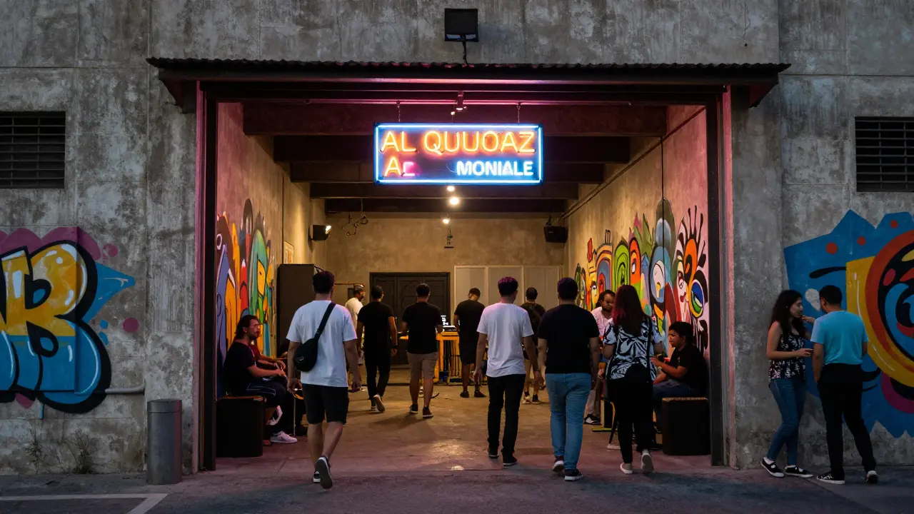 Underground warehouse bar entrance in industrial district