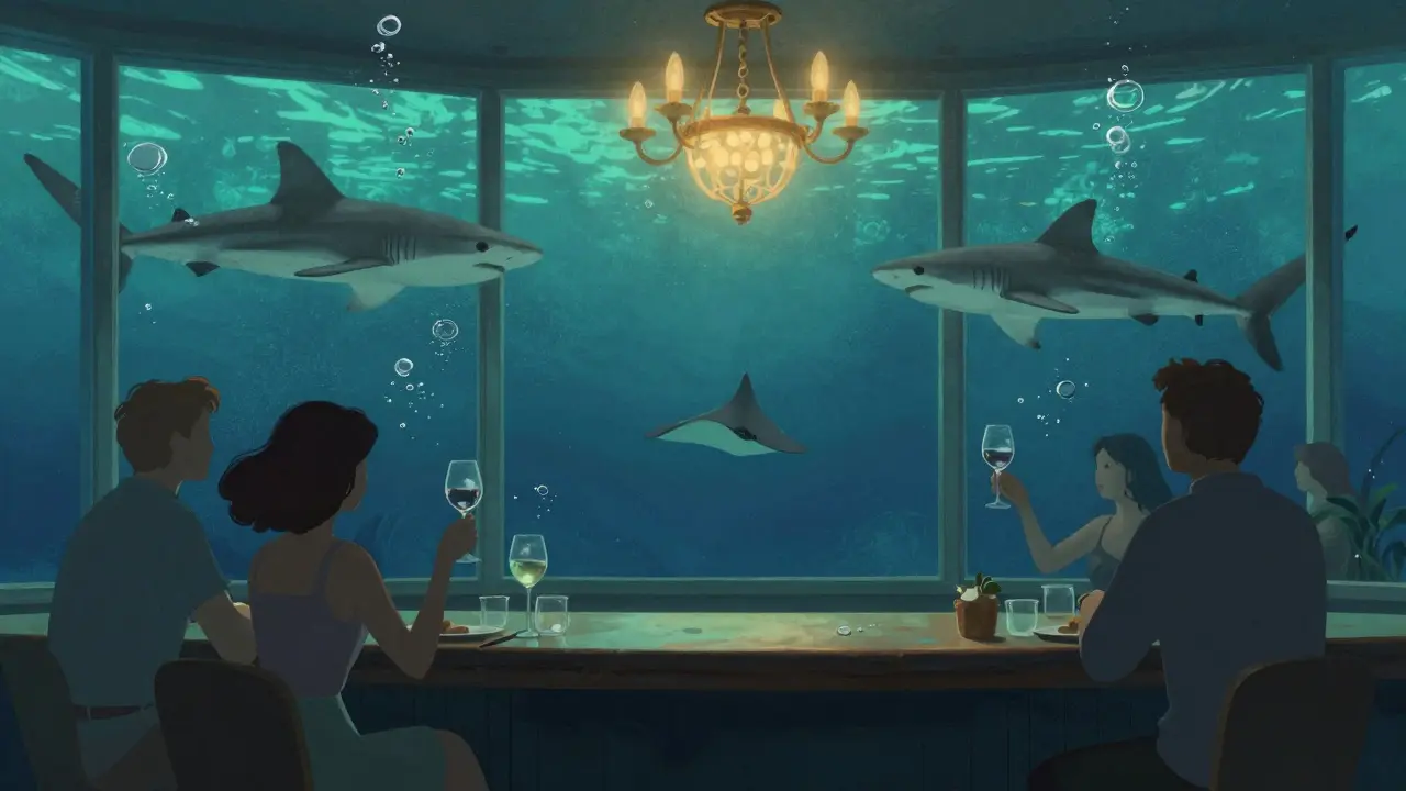 Underwater bar with sharks swimming past windows, guests clinking wine glasses in serene blue light.